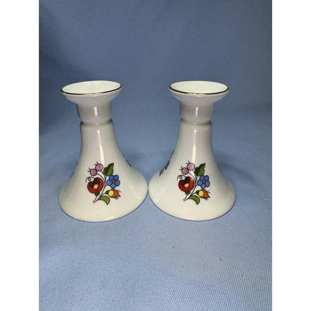 Set Of 2 Kalocsa Candle Holders, Hand painted Red And Blue Floral, Hungary 4.5”